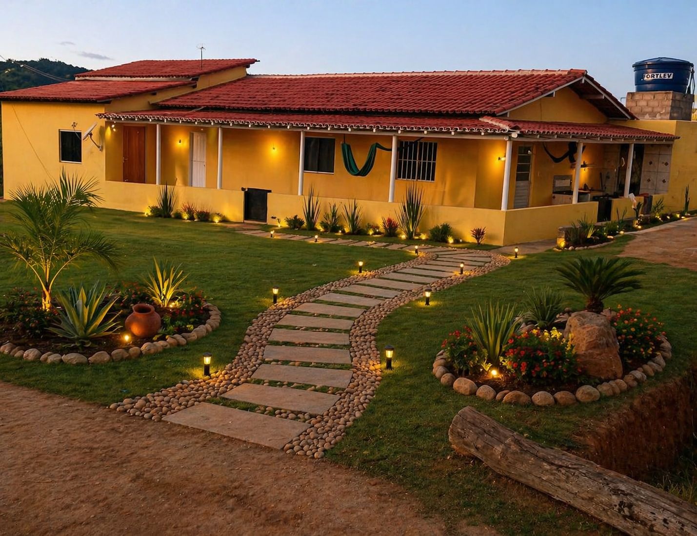 Jardim iluminado da base missionária ao entardecer