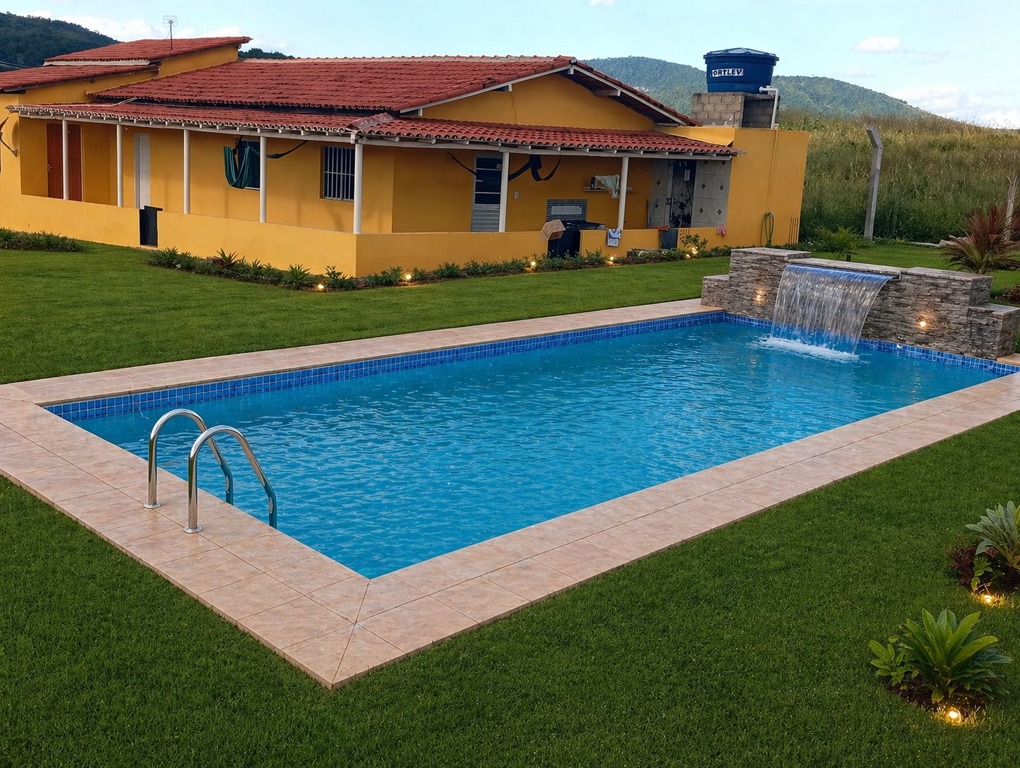 Área externa da casa com piscina